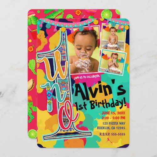 Colorful Paint Fiesta UNO 1st Birthday Party Photo Invitation