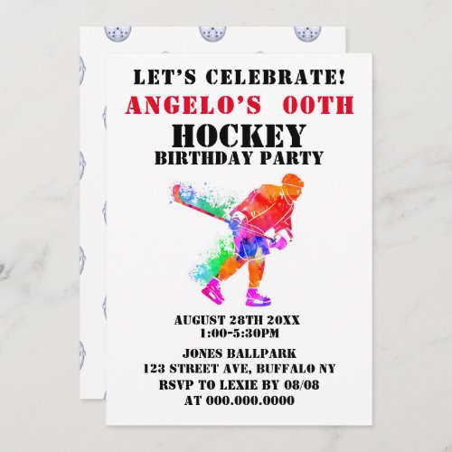 Colorful Paint Hockey Theme Birthday Party Invites