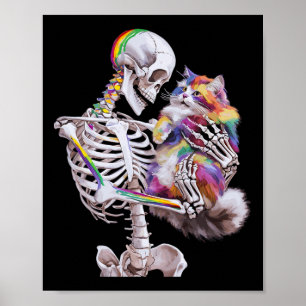 Colorful Paint Splash Cat And Skeleton Art Graphic Poster