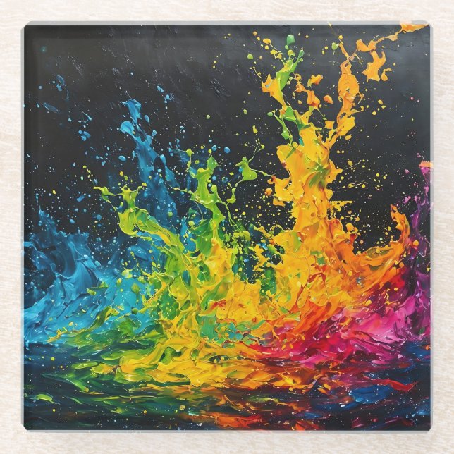 Colorful Paint Splash Glass Coaster (Front)