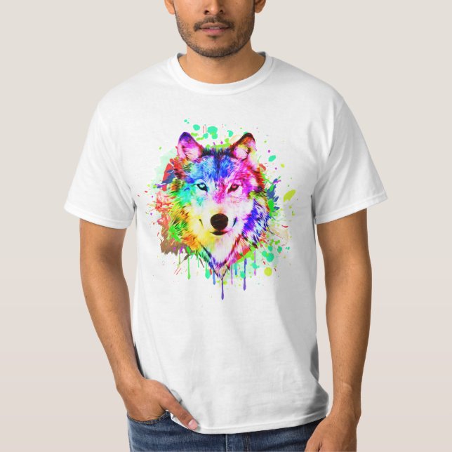 Colorful Paint Splash Wolf Art T-Shirt (Front)