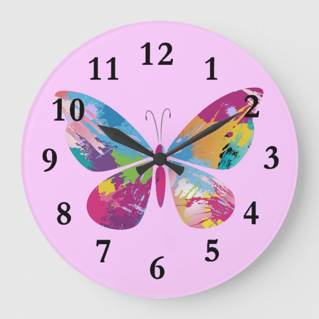 Colorful Paint-Splashed Butterfly Design Clock (Front)