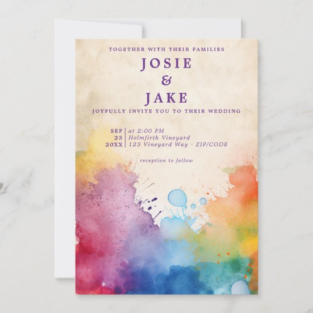 Colorful paint splashes fun wedding invitation (Front)