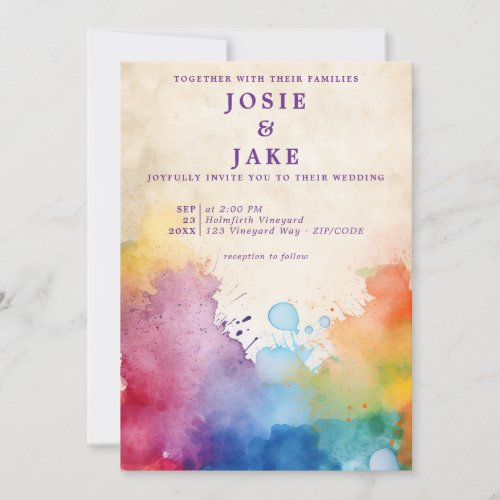 Colorful paint splashes fun wedding invitation