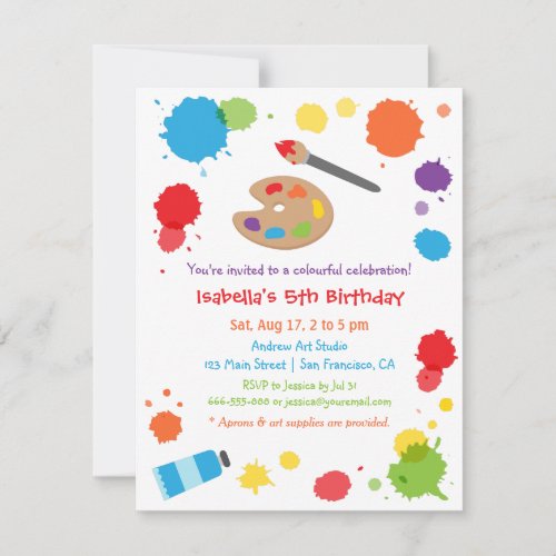 Colorful Paint Splats Painting Kids Birthday Party Invitation