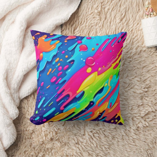 Colorful Paint Splatter Throw Pillow (Blanket)