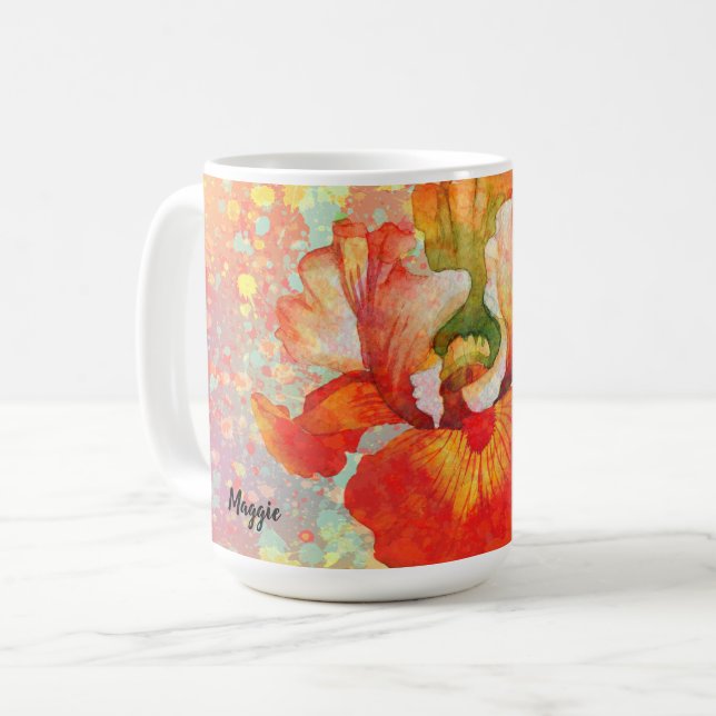 Colorful Paint Splattered Mug with Iris in Orange (Front Left)