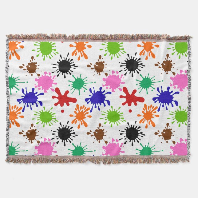 Colorful Paint Splatters Pattern in White Throw Blanket (Front)