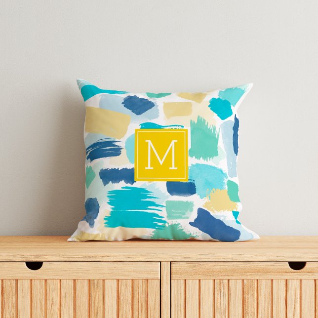 Colorful Paint Strokes and Yellow Monogram Throw Pillow (Creator Uploaded)