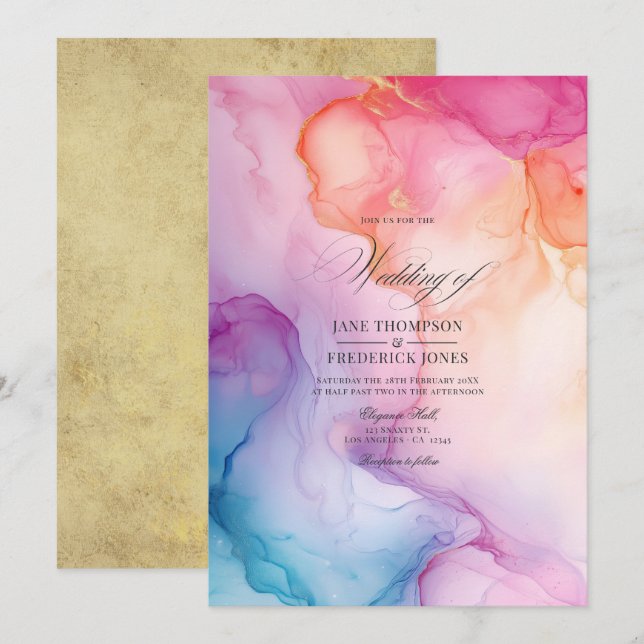 Colorful Paint Swirls with Gold Accents Wedding Invitation (Front/Back)