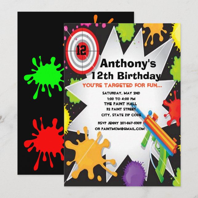 Colorful Paintball Birthday Party Invitation (Front/Back)