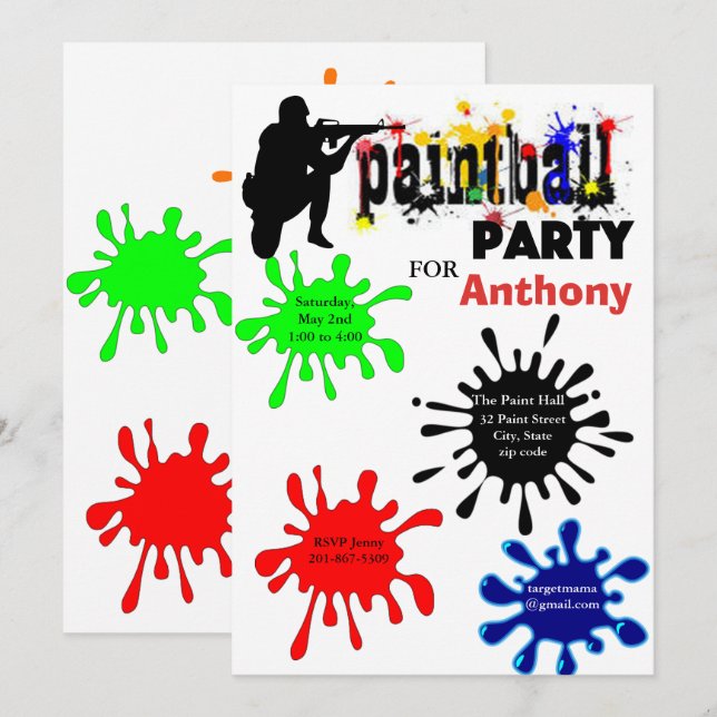 Colorful Paintball Birthday Party Invitation (Front/Back)