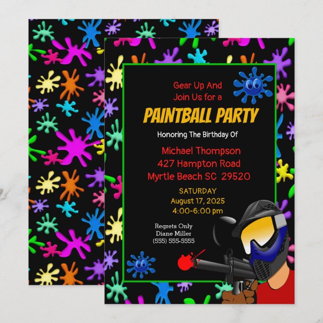 Colorful Paintball Birthday Party Invitation (Front/Back)