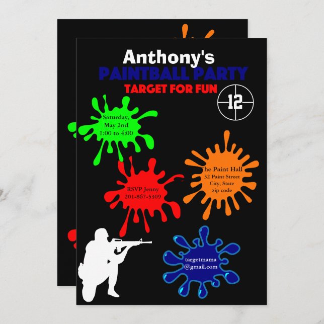 Colorful Paintball Birthday Party Invitation (Front/Back)