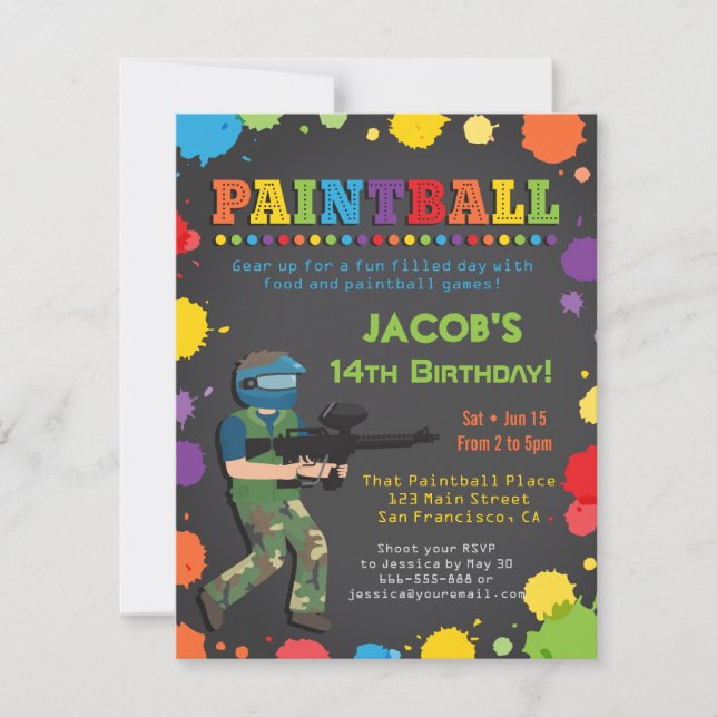 Colorful Paintball Birthday Party Invitations (Front)
