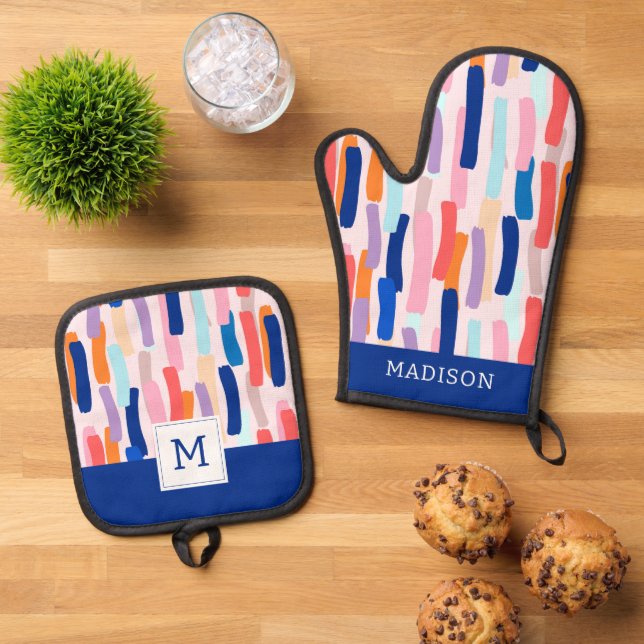 Colorful Paintbrush Stroke Pattern Oven Mitt & Pot Holder Set (Top Down)