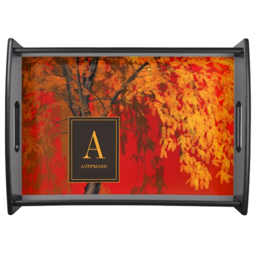 Colorful Painted Autumn Foliage Monogrammed Serving Tray