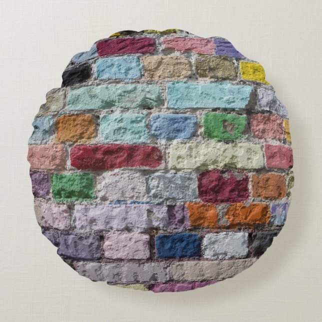 Colorful Painted Brick Wall Texture Round Pillow (Front)