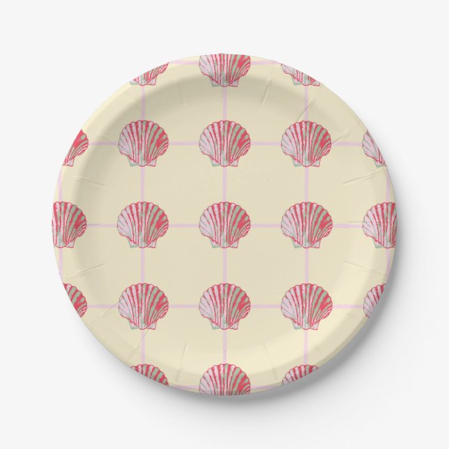 Colorful Painted Coastal Seashell Checkers Paper Plates (Front)