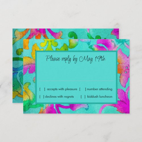 Colorful Painted Damask Aqua RSVP Invitation