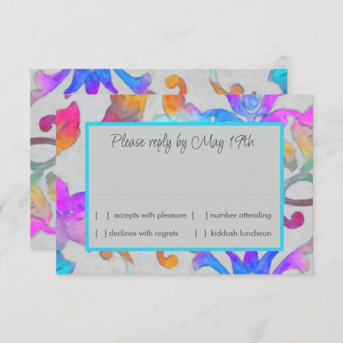 Colorful Painted Damask Pink Turquoise RSVP Invitation