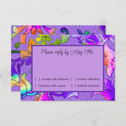 Colorful Painted Damask Purple RSVP Invitation