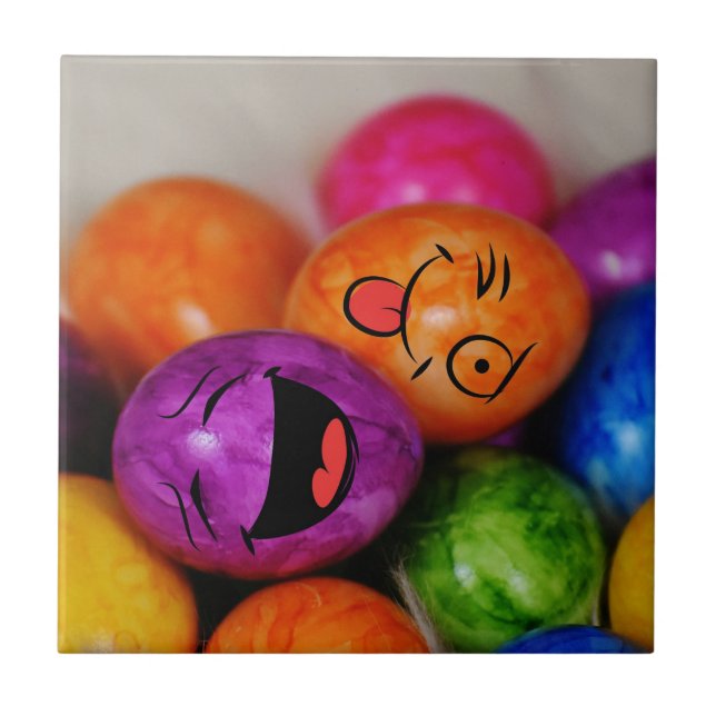 Colorful Painted Easter Eggs with Funny Faces Ceramic Tile (Front)