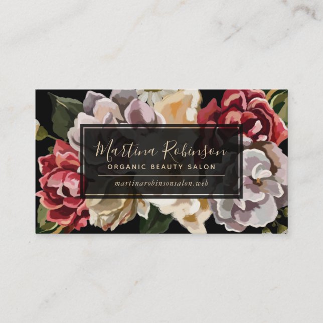 Colorful Painted Floral on Black Business Card (Front)