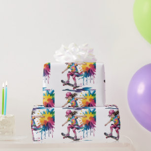 Colorful Painted Girl Skateboarder Birthday Gift Wrapping Paper