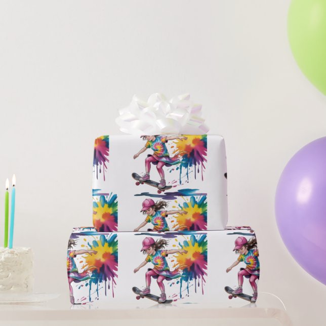 Colorful Painted Girl Skateboarder Birthday Gift Wrapping Paper (Party Gifts)
