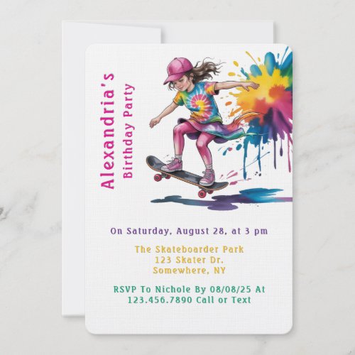 Colorful Painted Girl Skateboarder Birthday Party