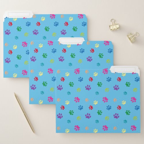 Colorful Painted Paw Prints Blue File Folder