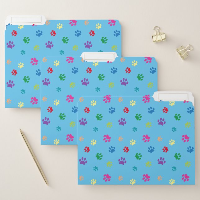 Colorful Painted Paw Prints Blue File Folder (Set)