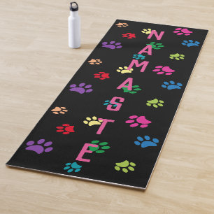 Colorful Painted Paw Prints Namaste & Name Black Yoga Mat