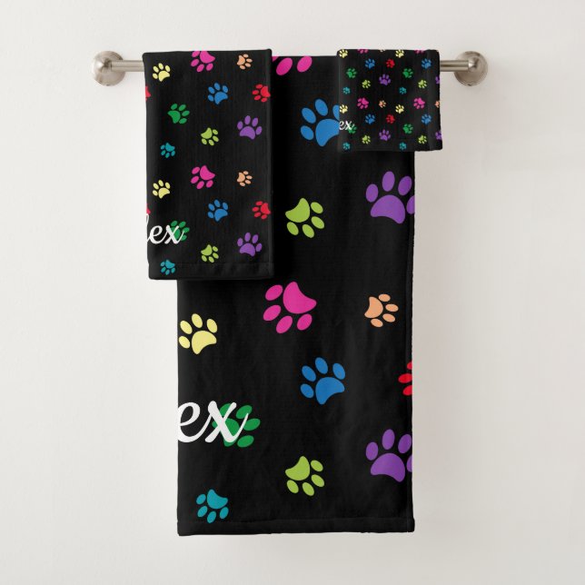 Colorful Painted Paw Prints on Black Bath Towel Set (Insitu)