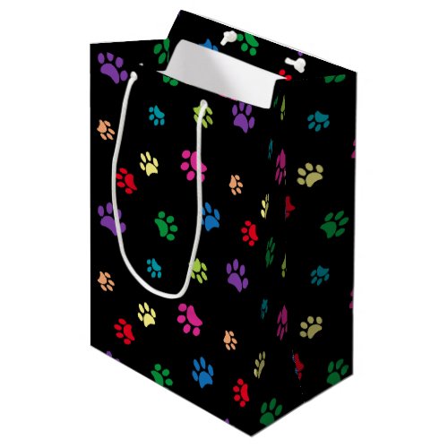 Colorful Painted Paw Prints on Black Medium Gift Bag