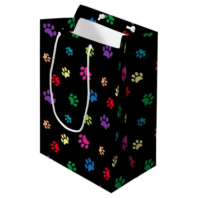 Colorful Painted Paw Prints on Black Medium Gift Bag (Front Angled)