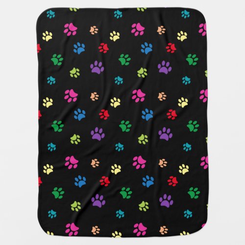 Colorful Painted Paw Prints on Black Swaddle Blanket