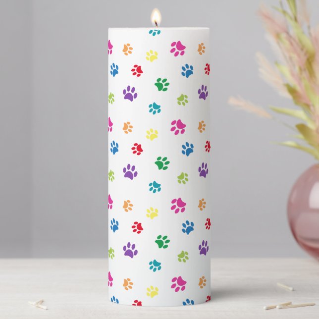 Colorful Painted Paw Prints Pillar Candle (In Situ)