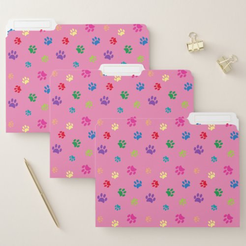 Colorful Painted Paw Prints Pink File Folder