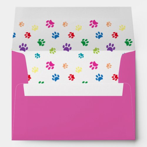 Colorful Painted Paw Prints Pink Name and Address Envelope
