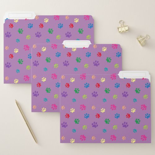 Colorful Painted Paw Prints Purple File Folder