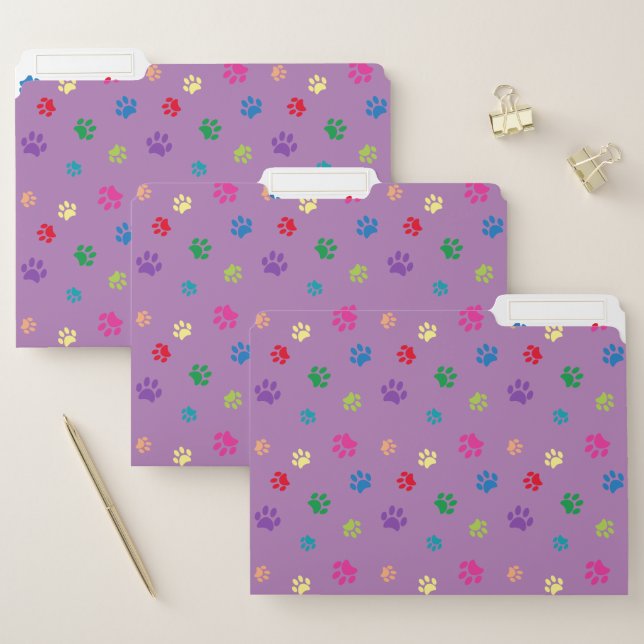 Colorful Painted Paw Prints Purple File Folder (Set)