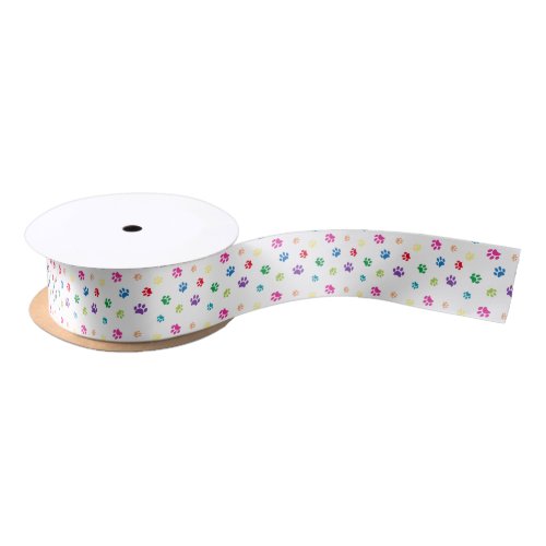 Colorful Painted Paw Prints Satin Ribbon