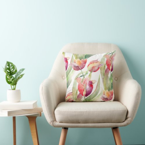 Colorful Painted Tulips Watercolor Floral Throw Pillow