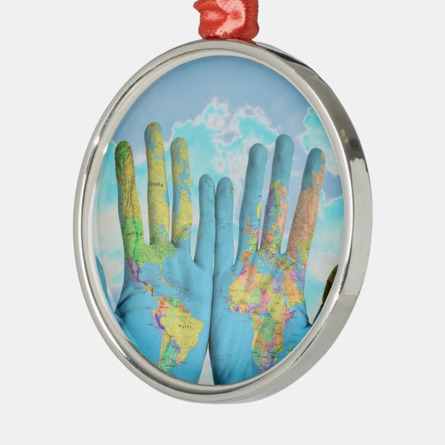 Colorful Painted World Map in Hands, Art Photo Metal Ornament (Left)