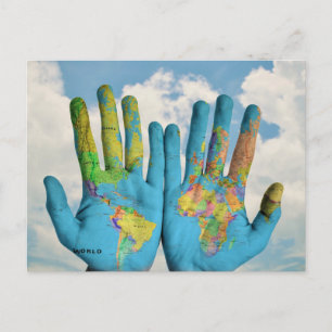 Colorful Painted World Map in Hands, Art Photo Postcard