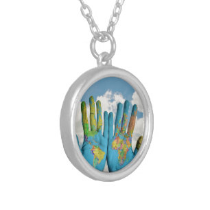 Colorful Painted World Map in Hands, Art Photo Silver Plated Necklace