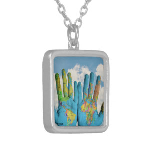 Colorful Painted World Map in Hands, Art Photo Silver Plated Necklace