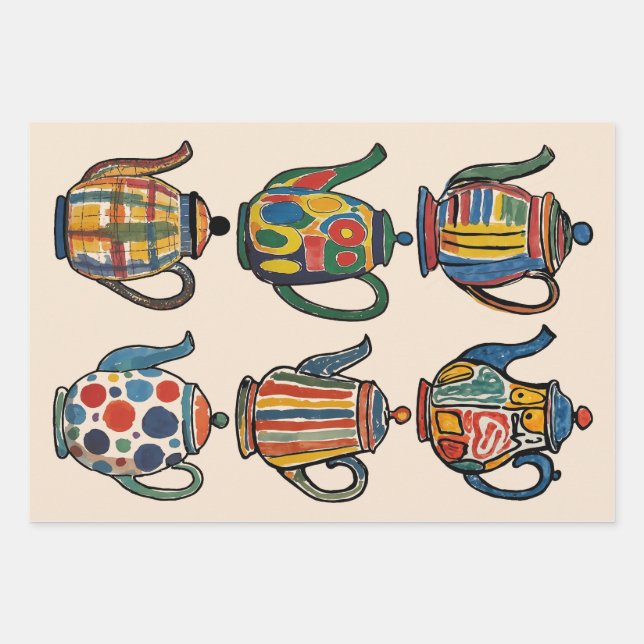 Colorful Painterly Teapot pattern Wrapping Paper Sheets (Front)